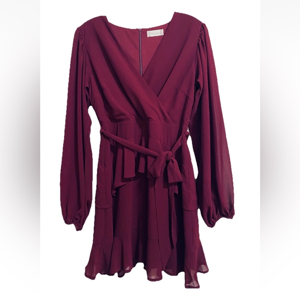 ALTAR'D STATE Dark Cherry Red Dress M Chiffon Sheer Balloon Sleeve Ruffle Hem